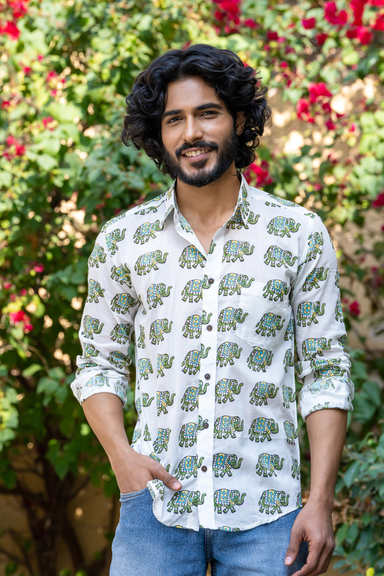 Jaipuri Green Elephant Full Sleeve Shirt