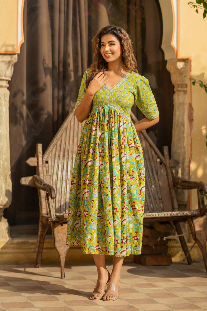 Green Red Floral Nyra Cut Dress