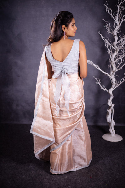 EXP - Varni Handwoven Tissue Saree - Light Peach + Silver