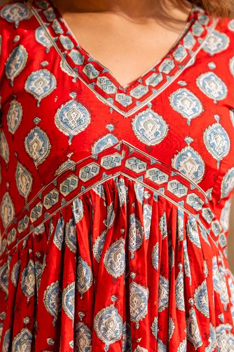 Red Blue Mughal Nyra Cut Dress