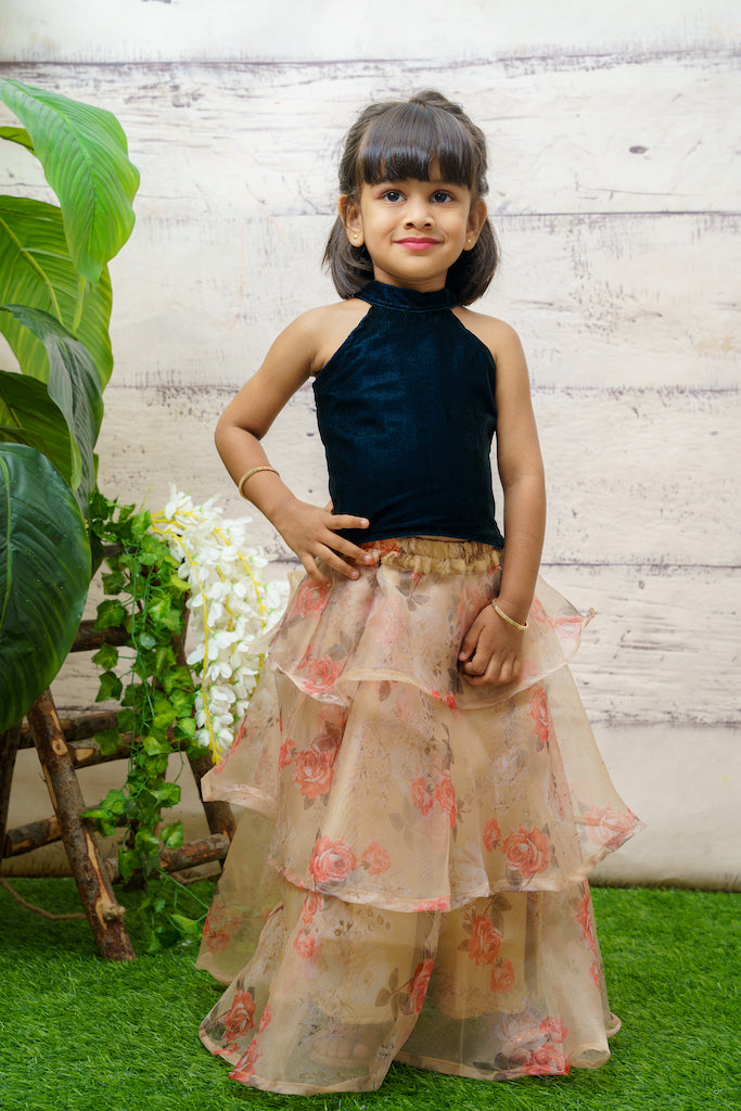 Choli Velvet Skirt Design EXP Teal Velvet Crop Top And Organza