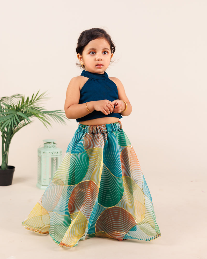 EXP - Teal crop top and multicolour Organza skirt