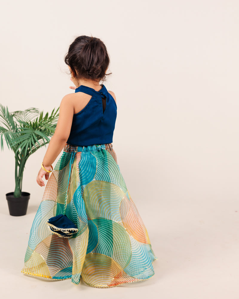 EXP - Teal crop top and multicolour Organza skirt