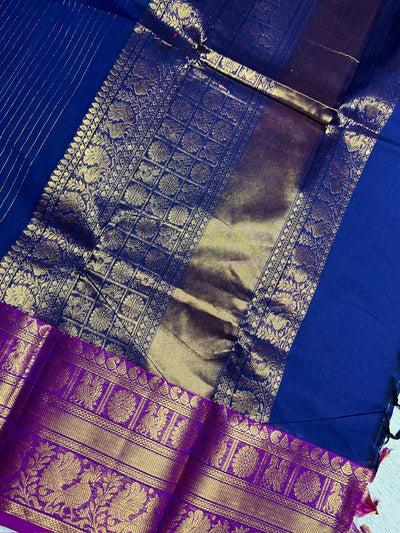 Kanchi Cotton Saree -  Sapphire Blue + Gold