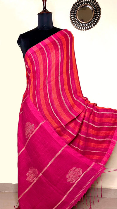 Handwoven Linen Saree - Deep Pink + Flamingo Orange