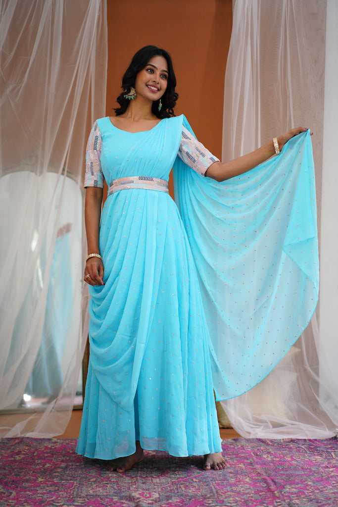 Maya Sky Blue Long Gown with Belt Tamara