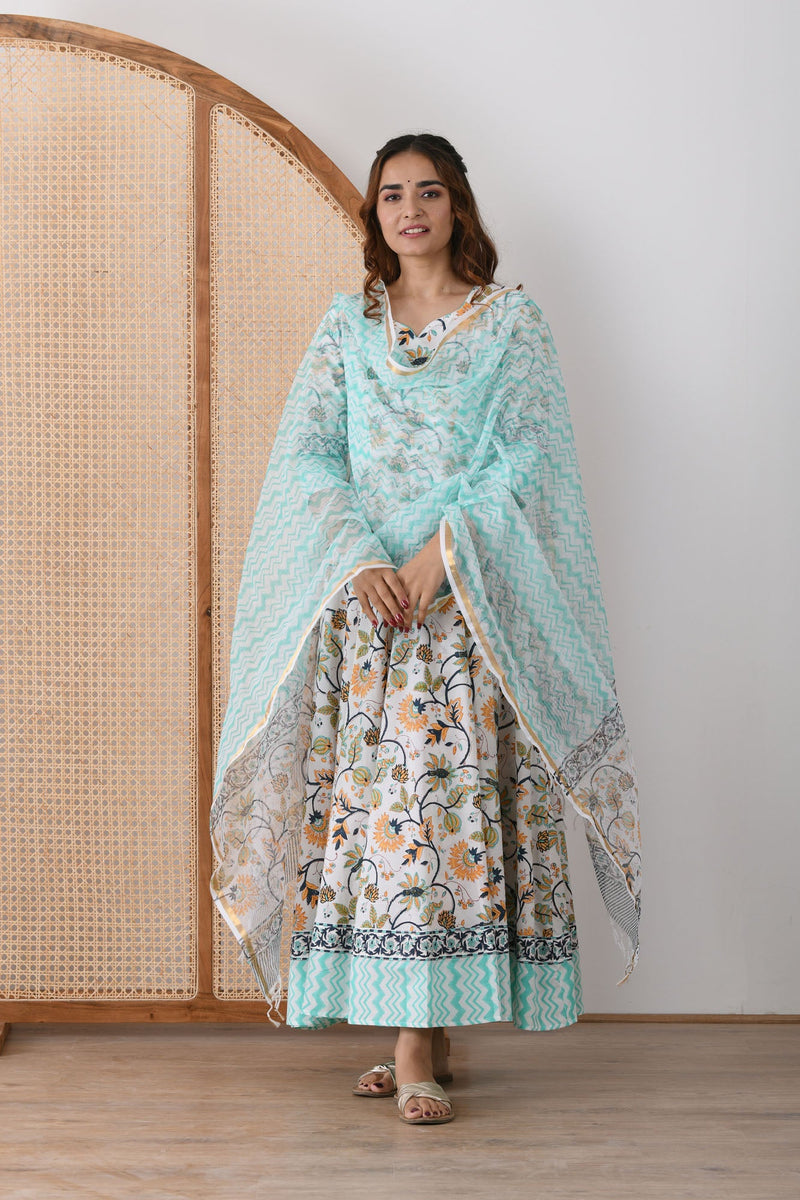 EXP - White Blue Zig Zag Floral Border Dress with Dupatta(XS Available)