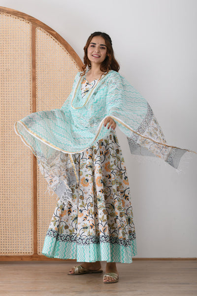 EXP - White Blue Zig Zag Floral Border Dress with Dupatta(XS Available)
