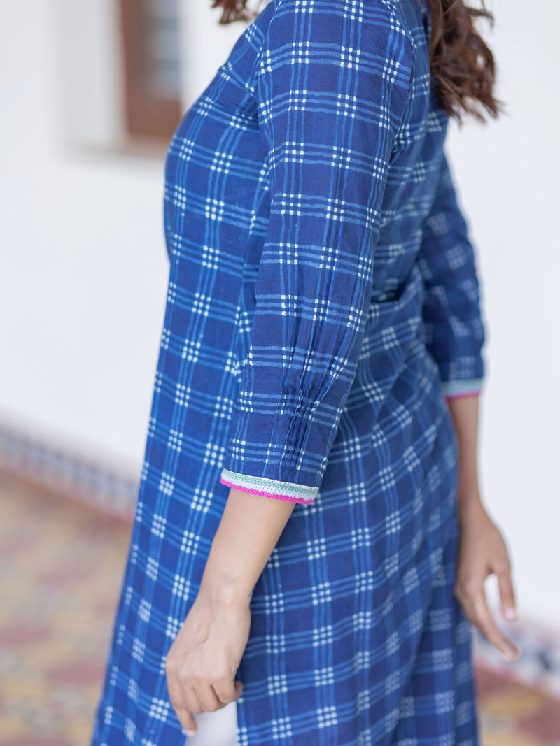 Deep Blue Checkered Handblock Kurta
