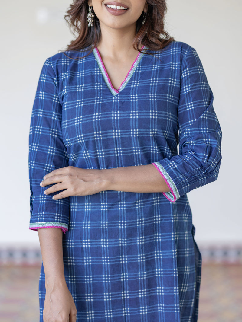 Deep Blue Checkered Handblock Kurta