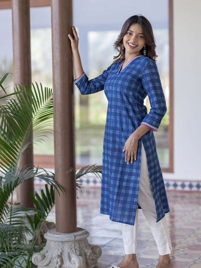 Deep Blue Checkered Handblock Kurta
