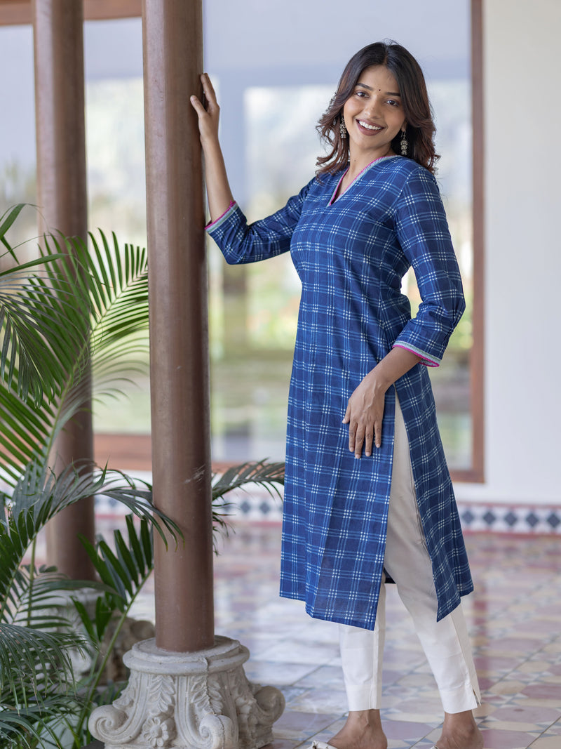 Deep Blue Checkered Handblock Kurta