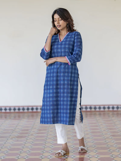 Deep Blue Checkered Handblock Kurta