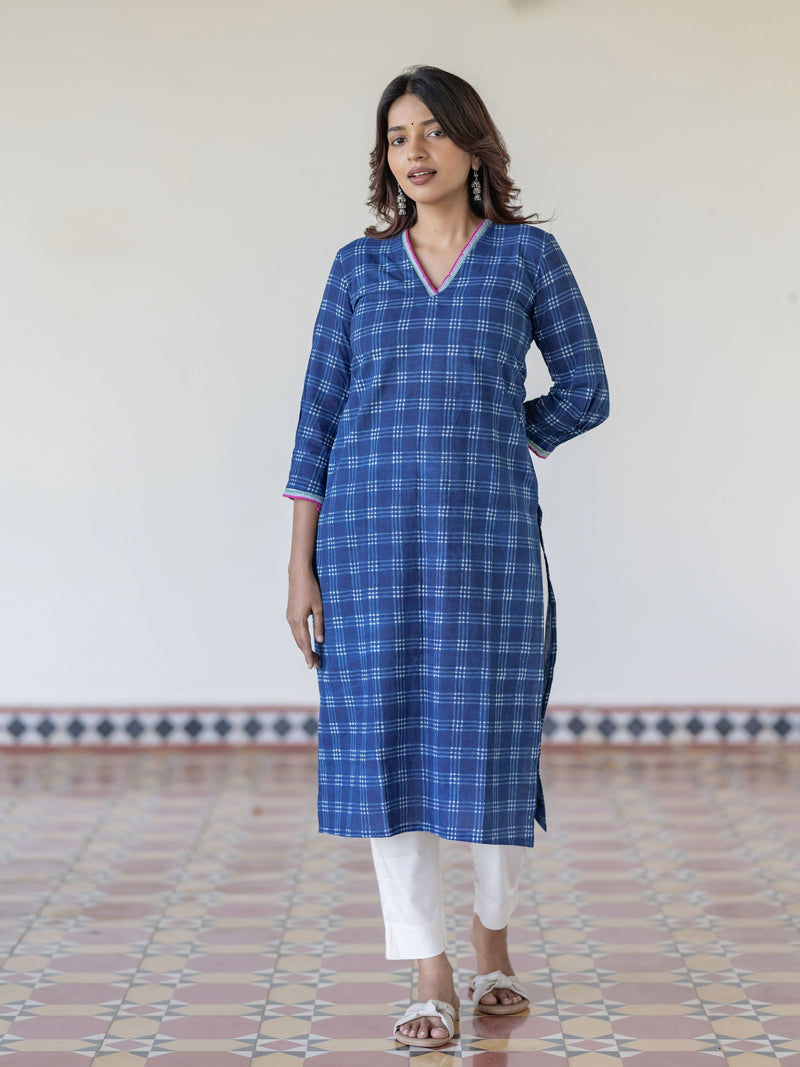 Deep Blue Checkered Handblock Kurta