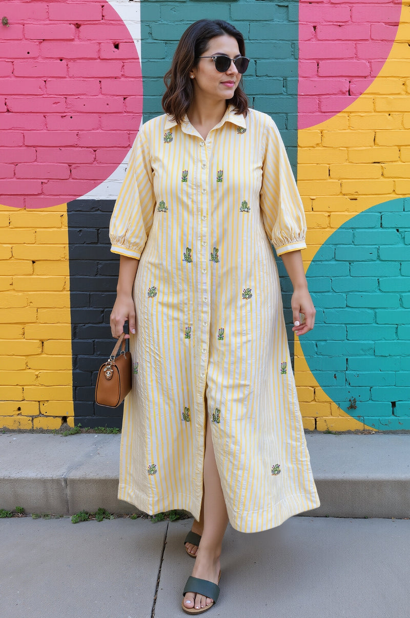 Stripe Cactus Embroidered Shirt Dress