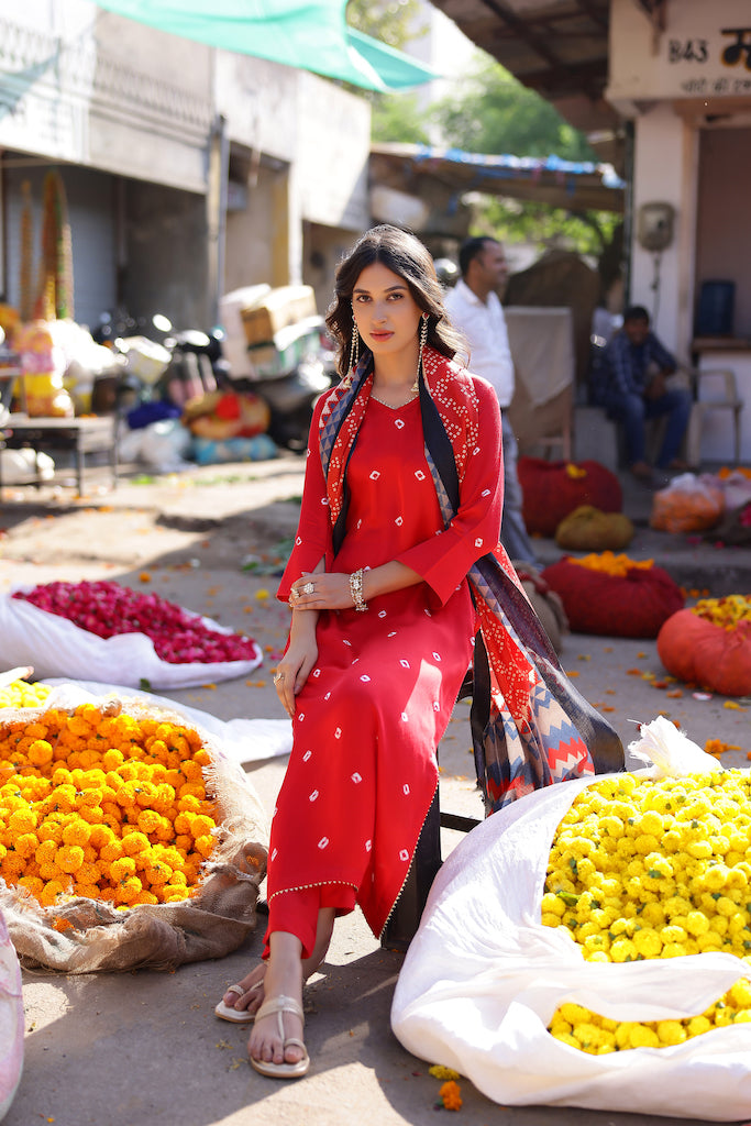 Red Bandhani High Slit Modal Satin