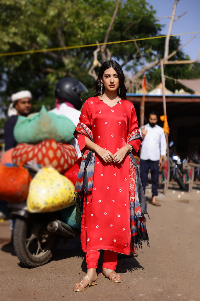 Red Bandhani High Slit Modal Satin