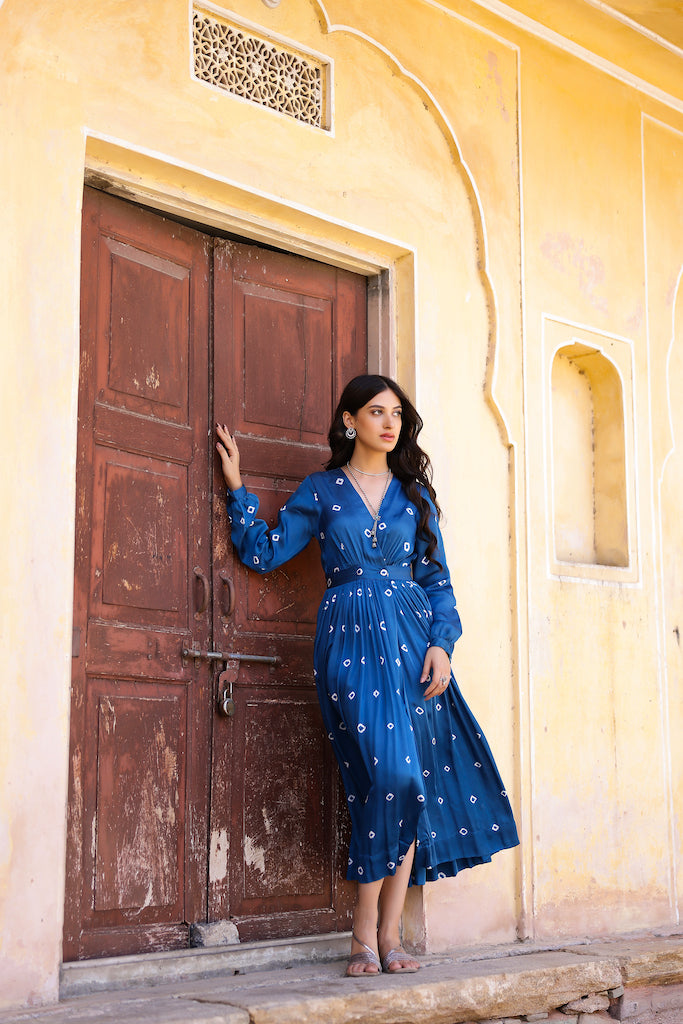 Indigo Bandhani Modal Satin Maxi Dress