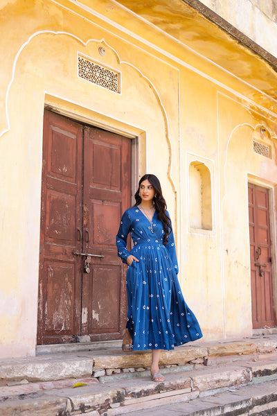 Indigo Bandhani Modal Satin Maxi Dress