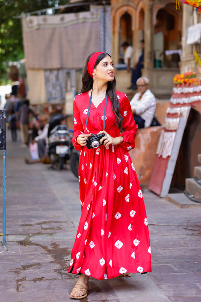 Red Bandhani Modal Satin Maxi Dress