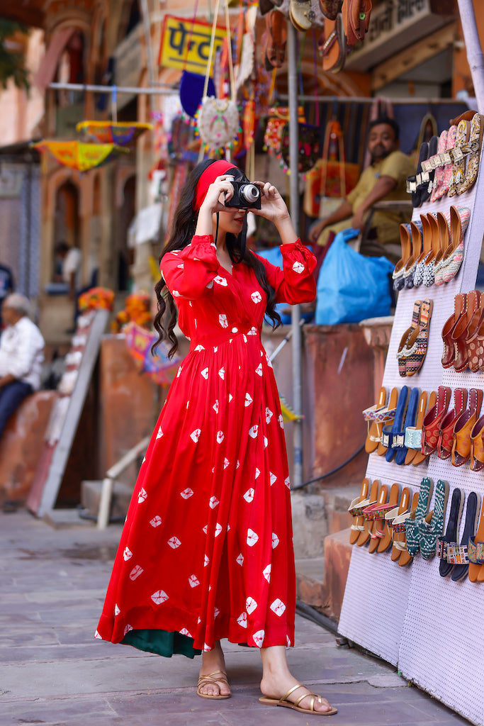 Red Bandhani Modal Satin Maxi Dress