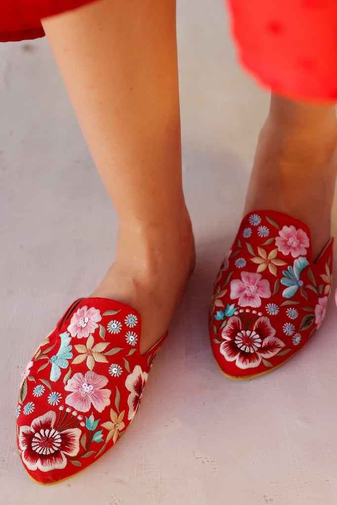 Red Floral Embroidered Mule