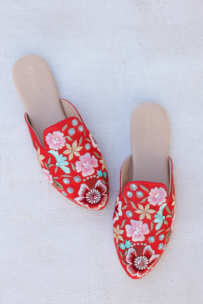 Red Floral Embroidered Mule