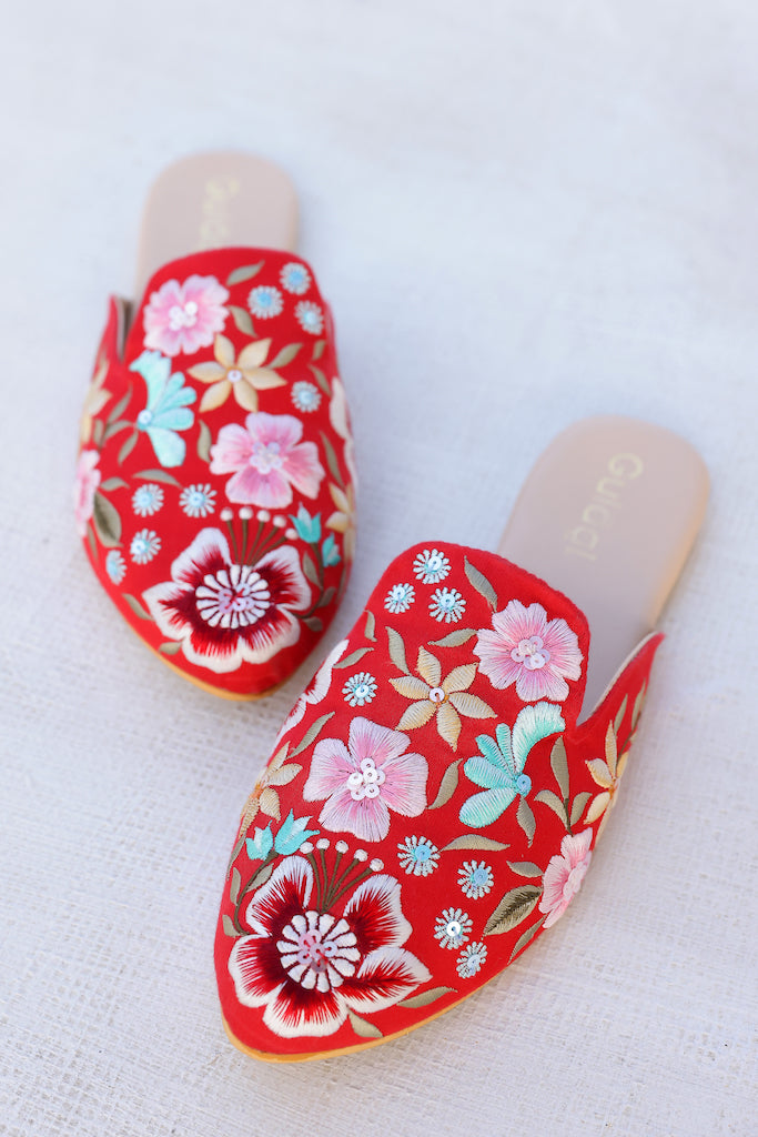 Red Floral Embroidered Mule