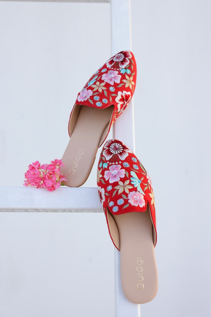 Red Floral Embroidered Mule