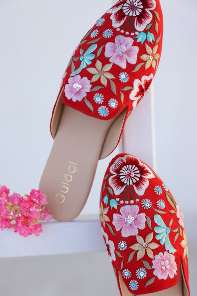 Red Floral Embroidered Mule