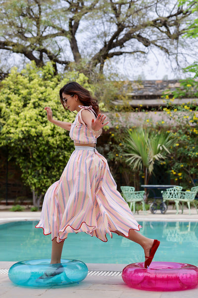 Stripe A-line Skirt & One Shoulder Top