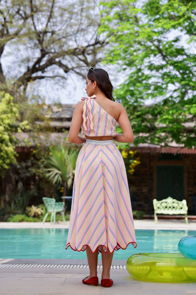 Stripe A-line Skirt & One Shoulder Top