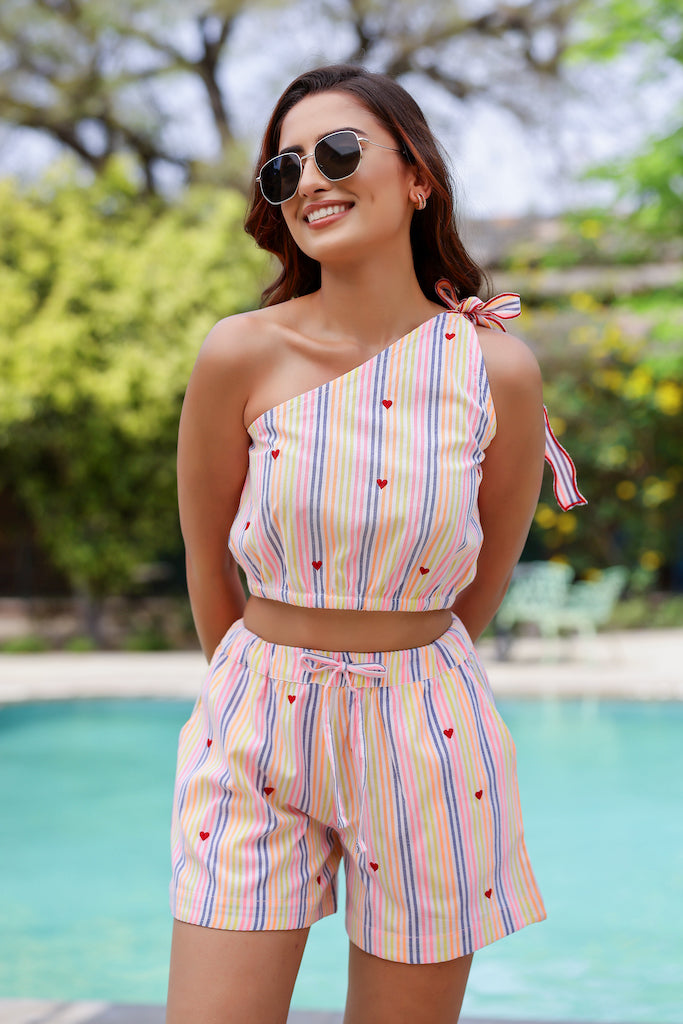 Stripe Shorts & One Shoulder Top