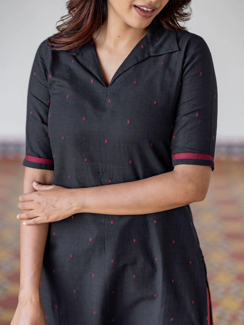 Black Handloom Collared Kurta