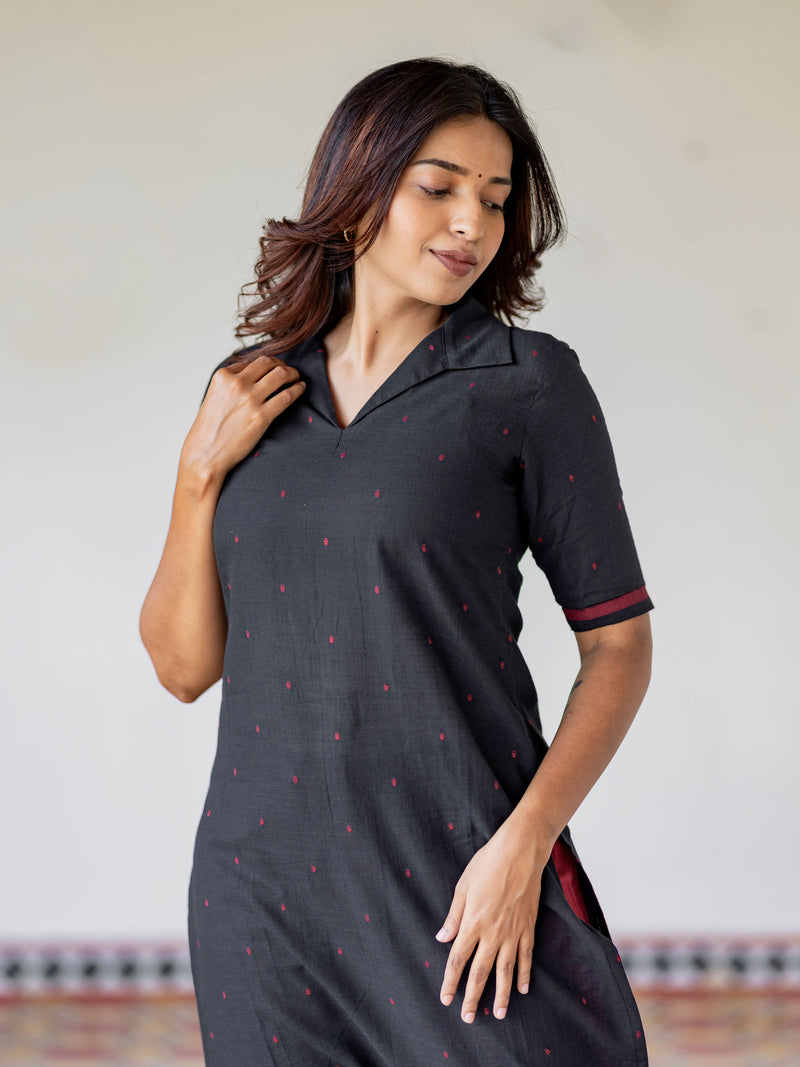 Black Handloom Collared Kurta