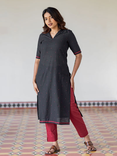 Black Handloom Collared Kurta
