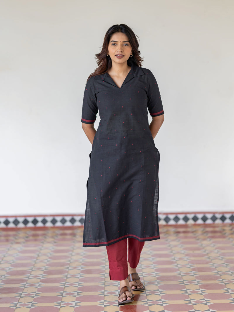 Black Handloom Collared Kurta