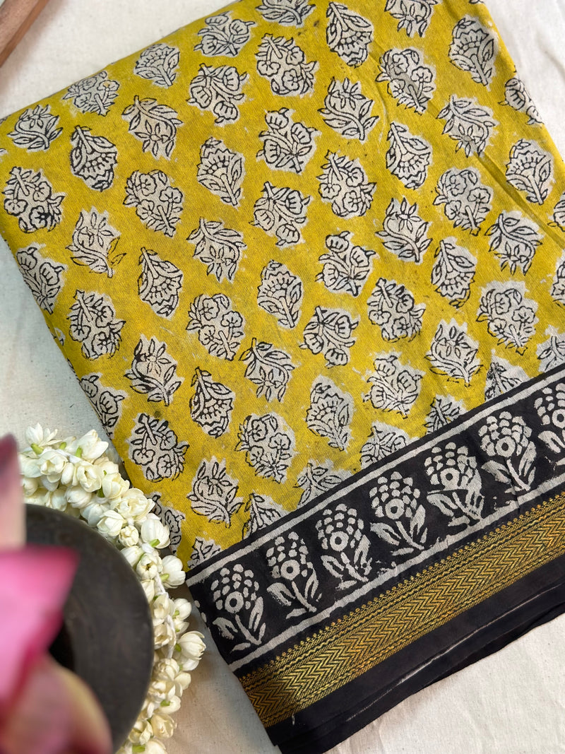 EXP - Kanmani  yellow with black Handblock printed Maheshwari silk cotton saree