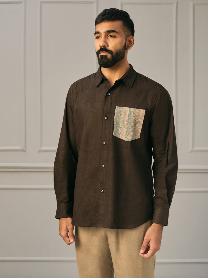 EXP - Black Khadi Cotton Shirt With Patch Pocket And Elbow Patches