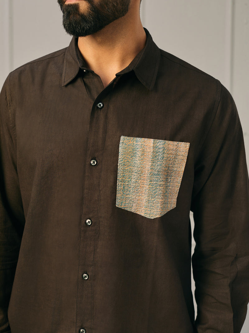 EXP - Black Khadi Cotton Shirt With Patch Pocket And Elbow Patches