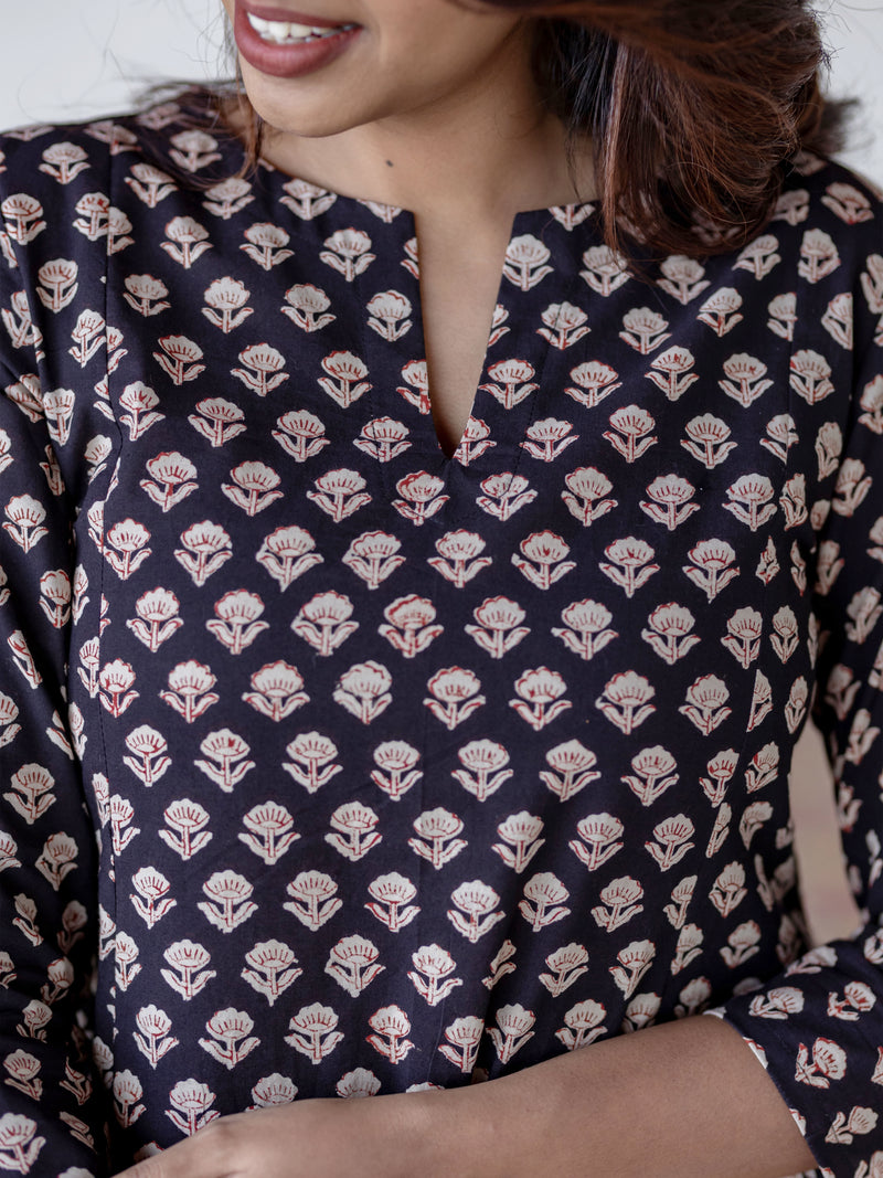 Black Floral Handblock Kali Kurta
