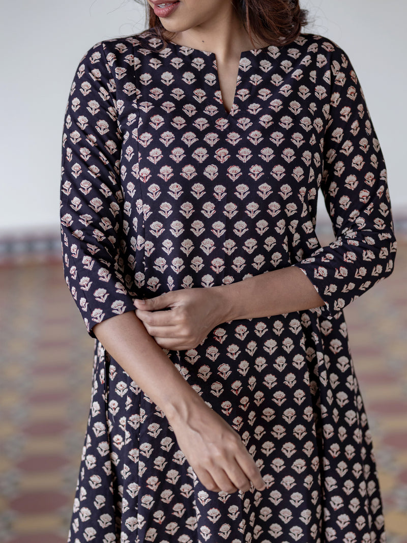 Black Floral Handblock Kali Kurta