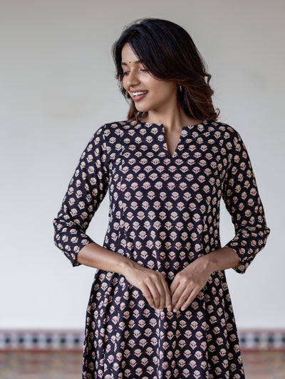 Black Floral Handblock Kali Kurta