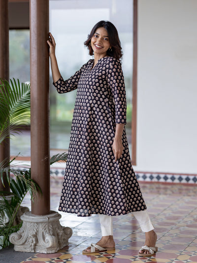 Black Floral Handblock Kali Kurta