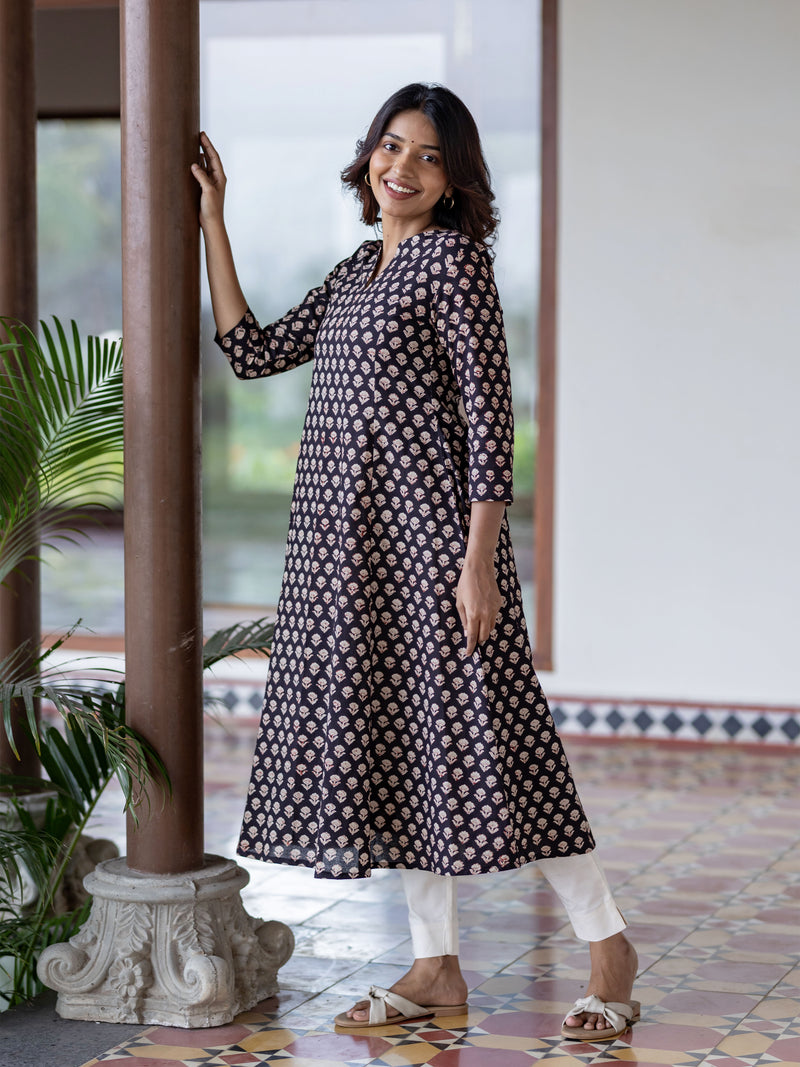 Black Floral Handblock Kali Kurta