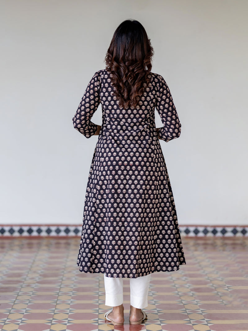 Black Floral Handblock Kali Kurta