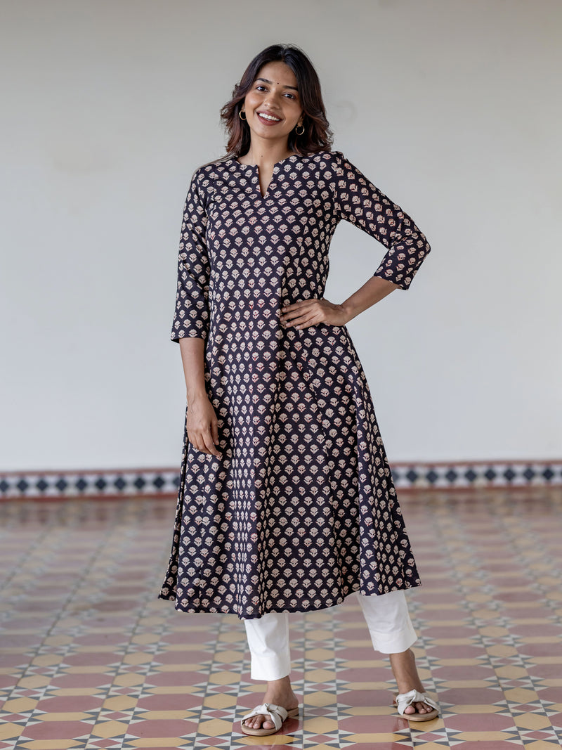Black Floral Handblock Kali Kurta