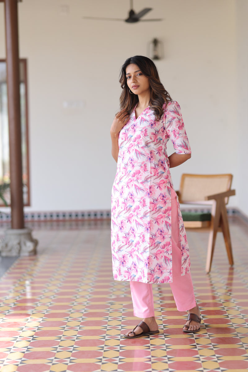 Pink Floral Linen Kurta