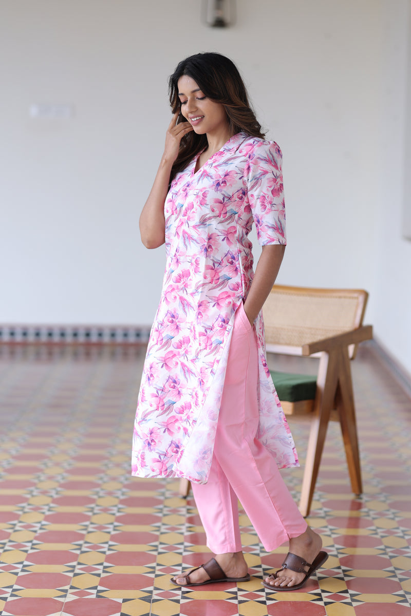 Pink Floral Linen Kurta