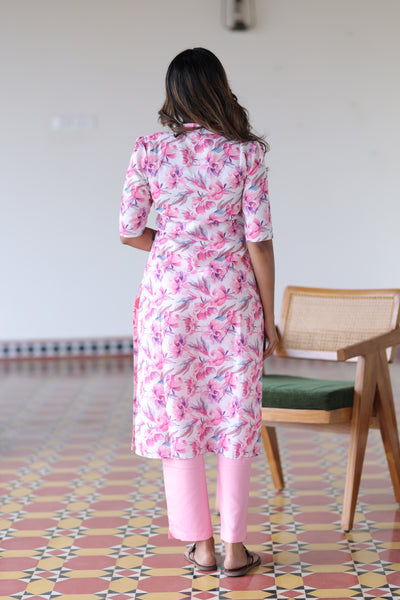 Pink Floral Linen Kurta